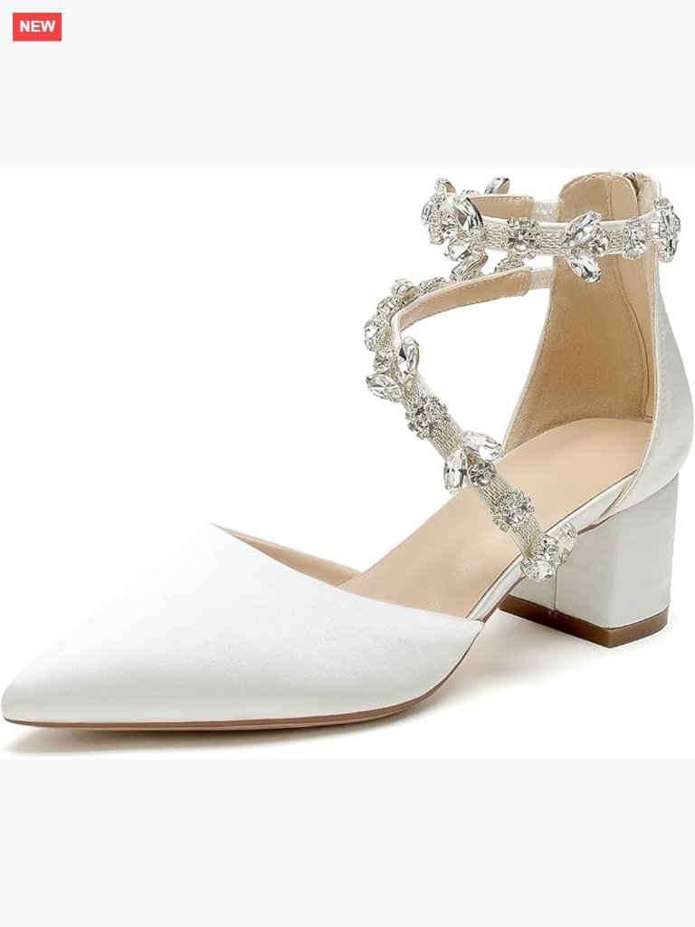 Satin Crystal Wedding Pumps, 2.2 Inch Block Heel, Closed Pointed Toe